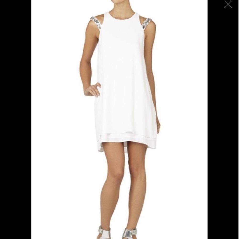 BCBG MAxAzria Selina Layered Aline White Gemmed Dress